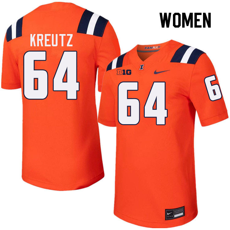 Women #64 Josh Kreutz Illinois Fighting Illini College Football Jerseys Stitched-Orange